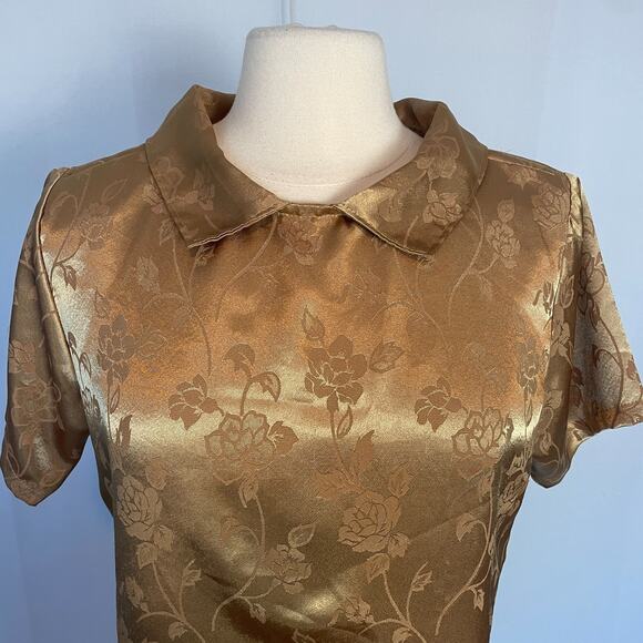 Blouse Top Size Small XS Gold Rose Floral Jacquard Short Sleeve Coquette Twee - Picture 2 of 11